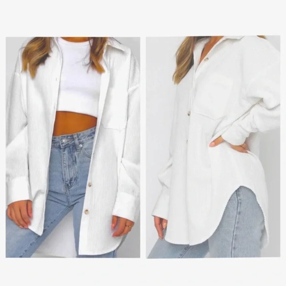WHITE FOX Corduroy Shacket Womens S/M White Corded Ribbed Button Relaxed Shirt